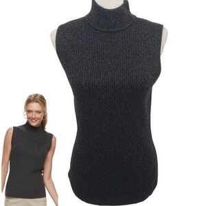 DANA BUCKMAN Mock Neck Sleeveless Tank Sweater Black Glitter Size Medium
